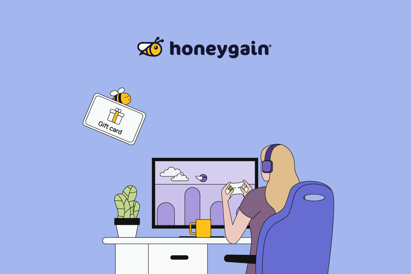 honeygain image with flying bee holding a gift girl and girl sitting by the desk and gaming