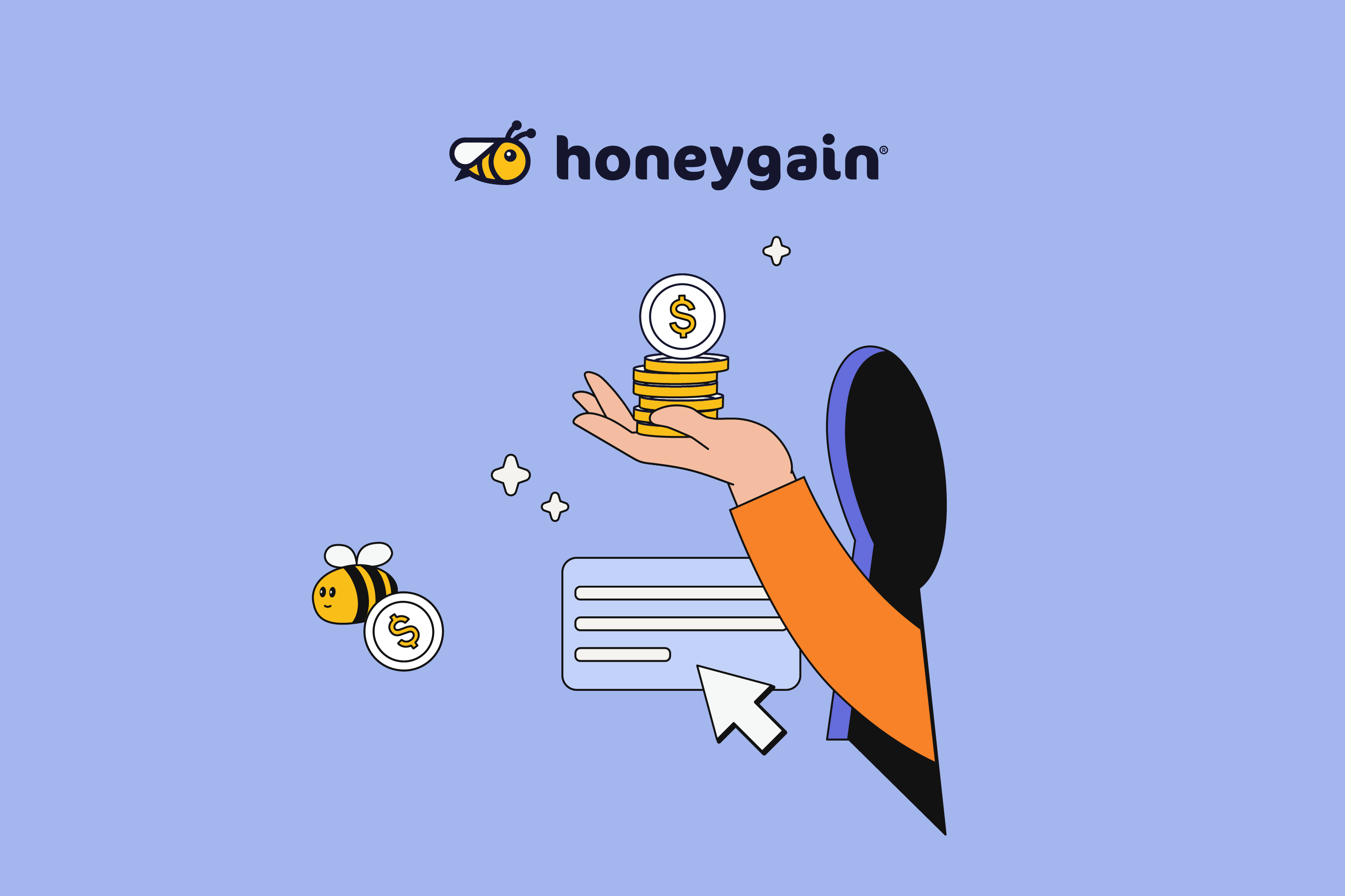 hand coming from the key hole holding coins and the bee in the background