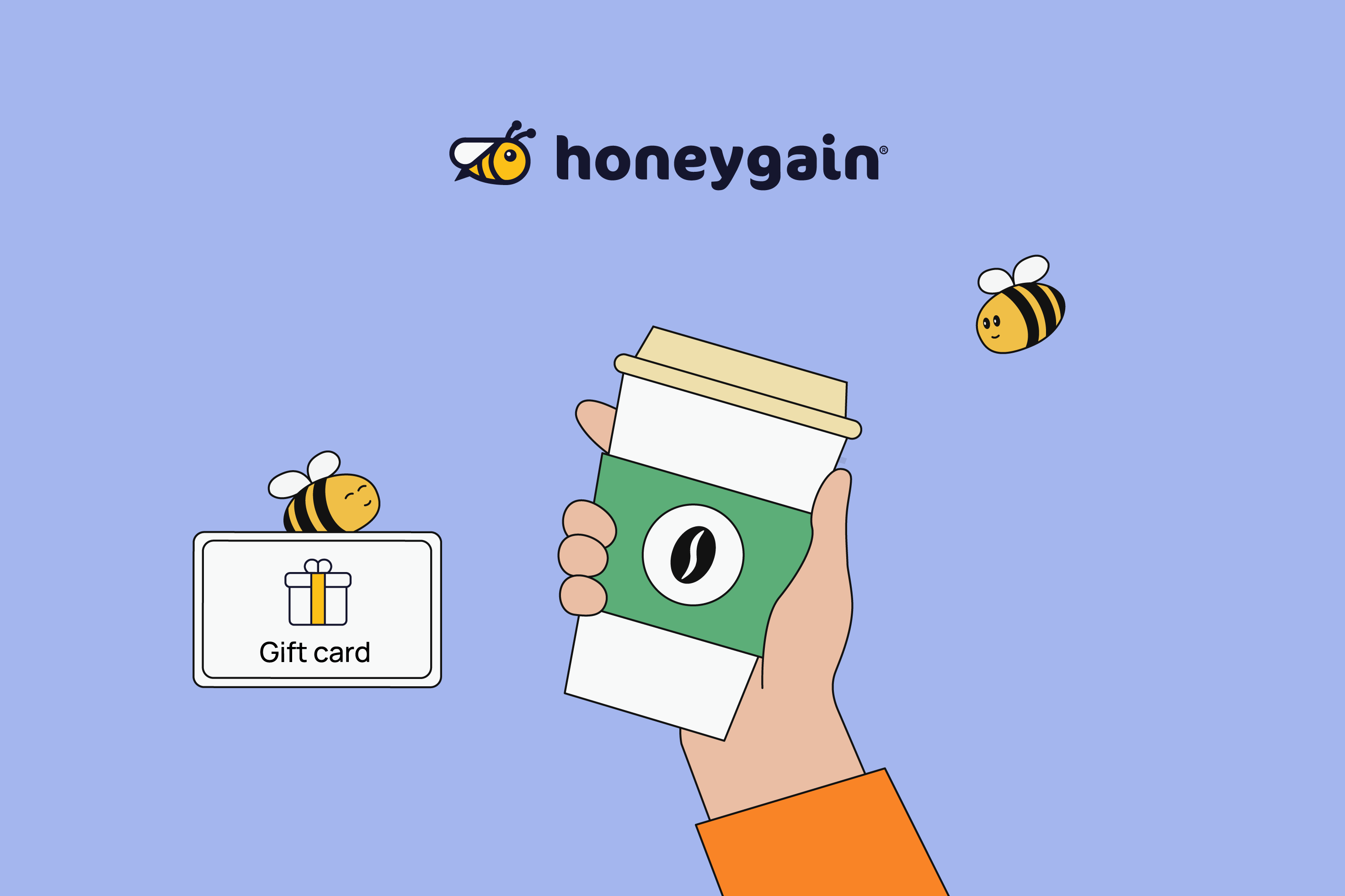 a hand holding a coffee cup with bees flying around and holding a gift card