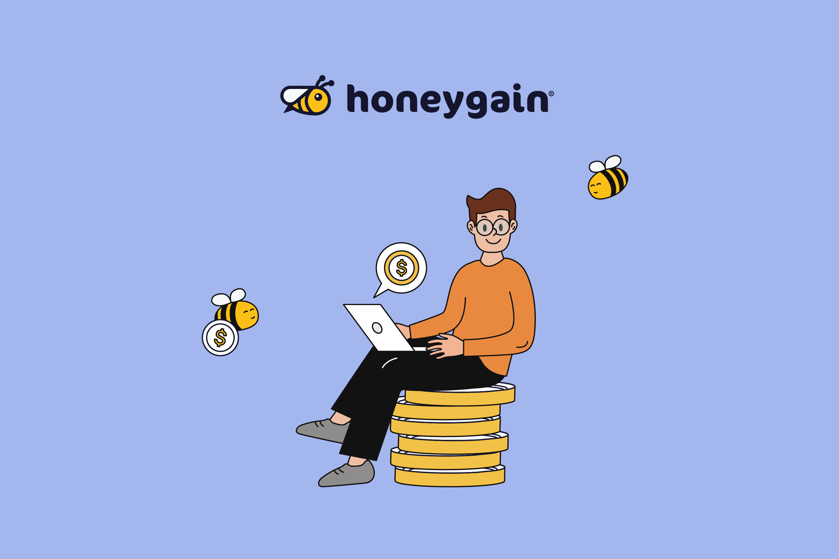 a person sitting on a pile of coins and holding laptop in his hands