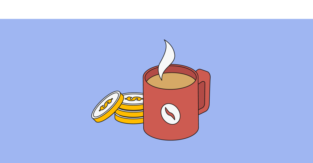xícara de café com moedas ao lado