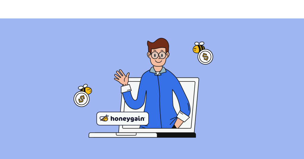 Молодой человек стоит у экрана ноутбука с логотипом honeygain
