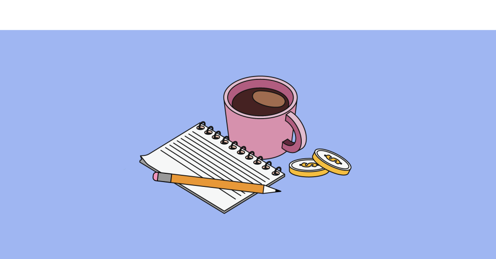 une tasse de café, des pièces de monnaie et un carnet de notes avec un crayon
