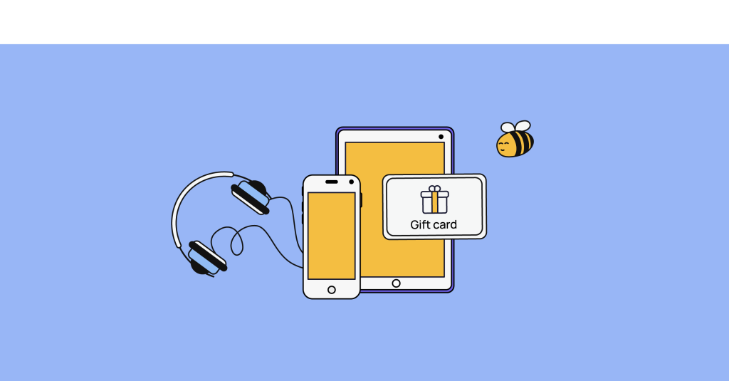 auriculares, teléfono, tarjeta regalo y una abeja