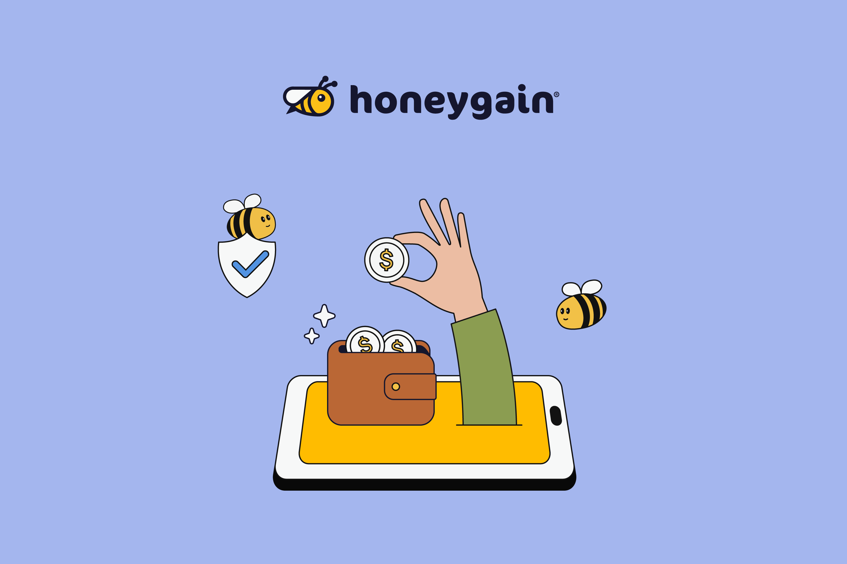 phone, hand holding a coin and a wallet