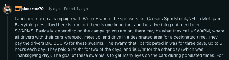 Un utilisateur discutant de son expérience avec les campagnes Wrapify sponsorisées par Caesars Sportsbook/NFL, mettant en évidence les gains provenant de la conduite en essaim.
