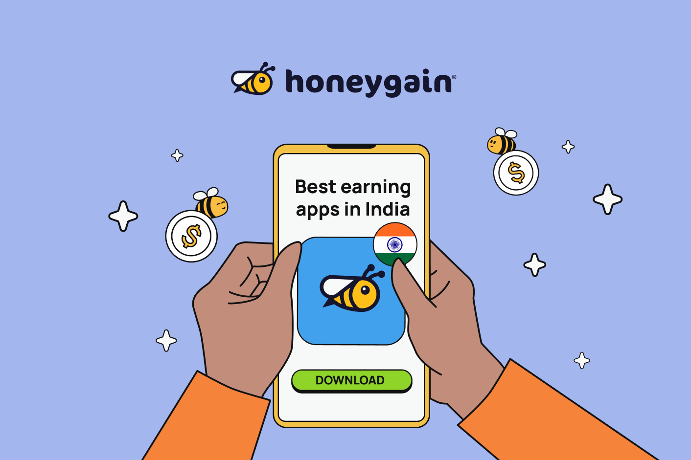 Featured image showing two hands holding a phone that reads 'best earning apps in India'