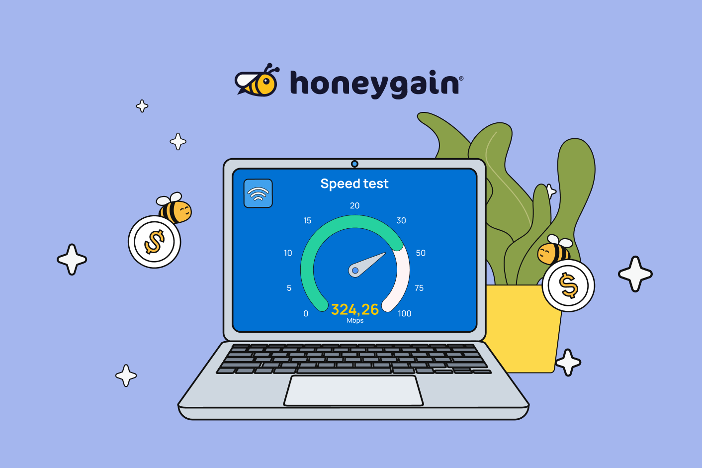 Illustration of a laptop displaying a speed test, with Honeygain branding, bee mascots, and coins representing earning money by sharing internet bandwidth.