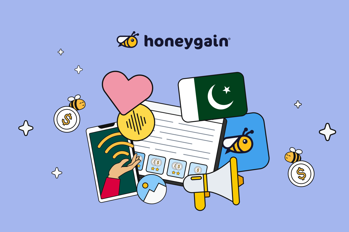 Illustration of Honeygain promoting online earning opportunities in Pakistan, featuring a smartphone, laptop, Pakistani flag, Wi-Fi symbol, megaphone, coins, charts, and bees representing passive income and digital work.