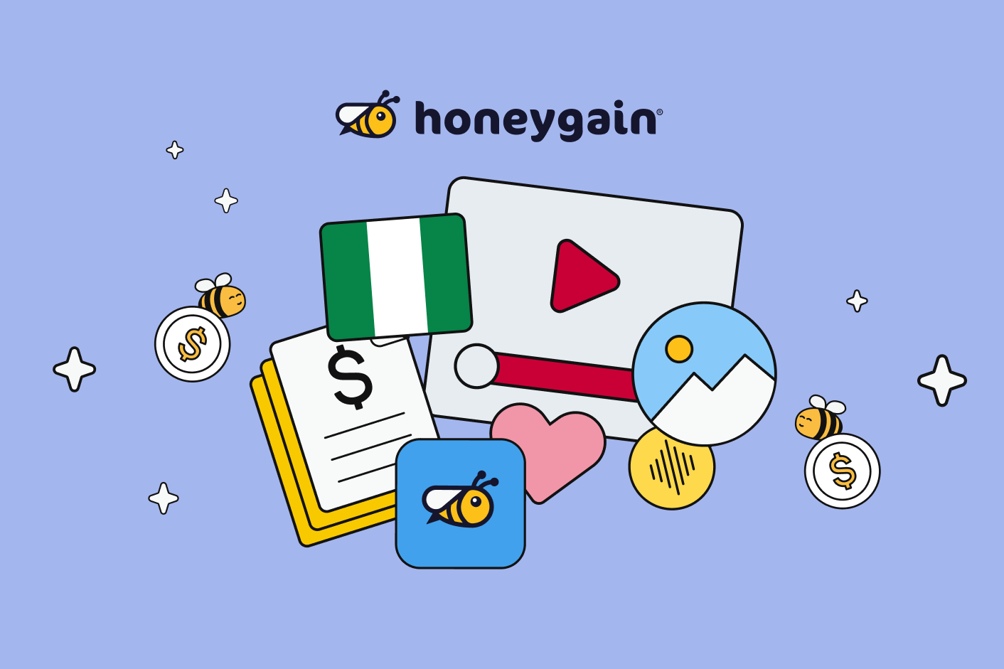 Illustration of online earning opportunities in Nigeria, featuring digital content, payments, social media, and the Honeygain app for passive income.