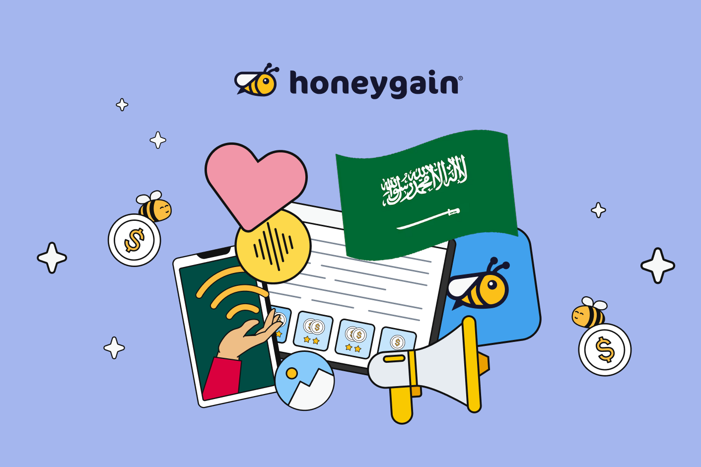 Illustration of online earning opportunities in Saudi Arabia, featuring digital content, payments, social media, and the Honeygain app for passive income.