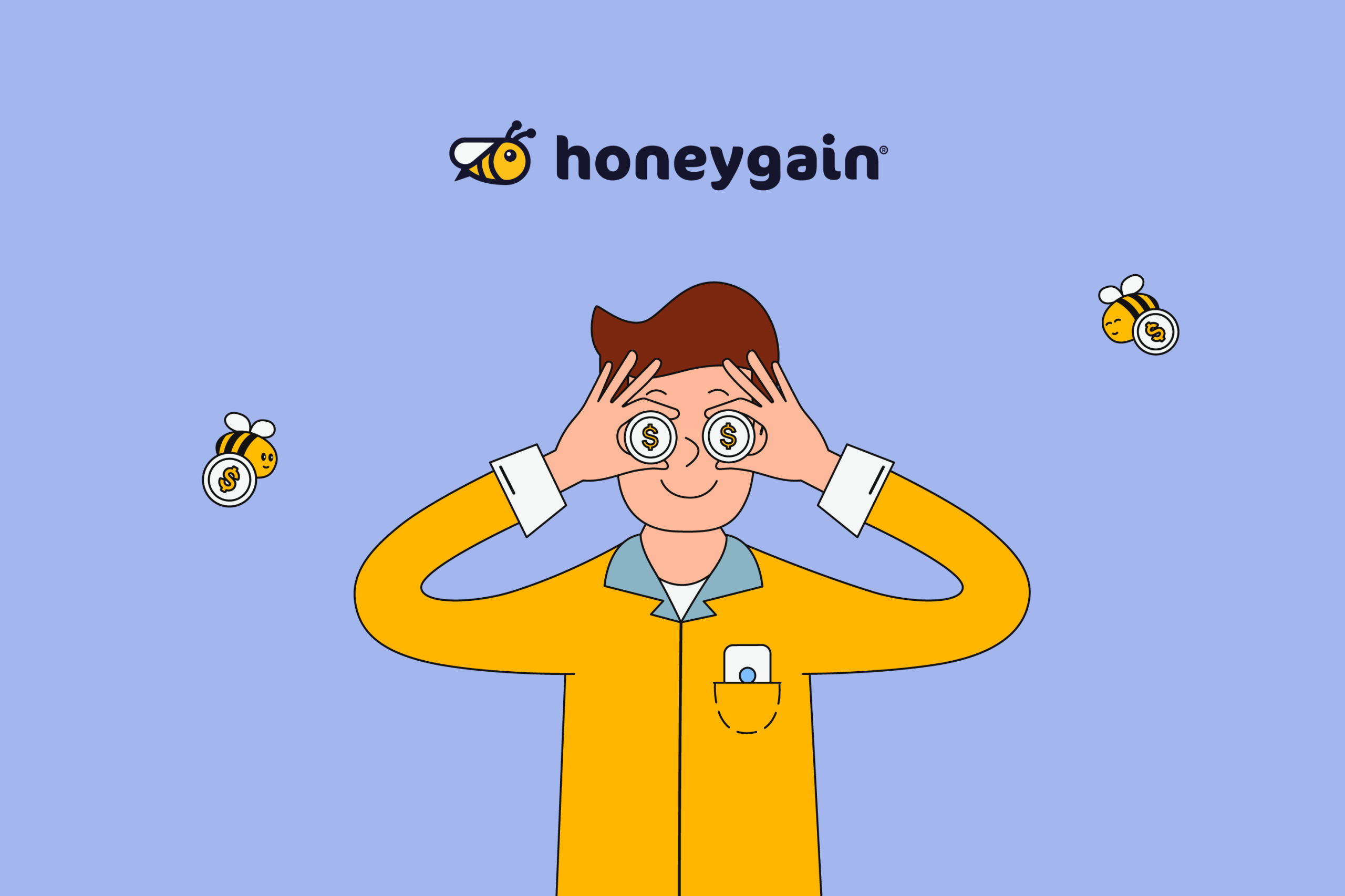 a person holding two coins to their eyes and a honeygain logo on the top