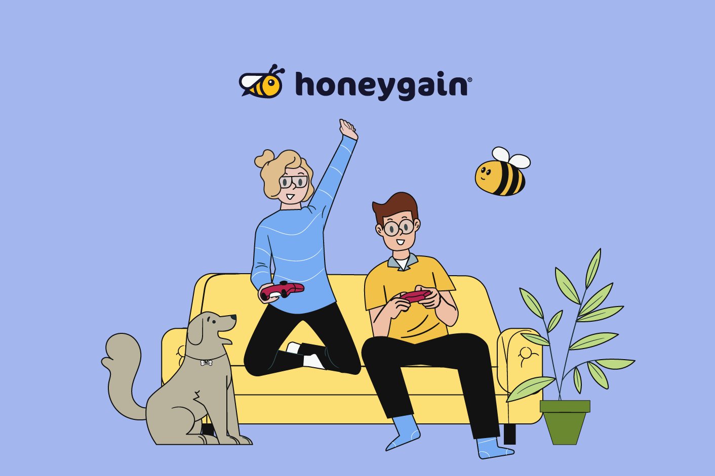 Two friends playing video games on a yellow sofa with a dog beside them and the Honeygain logo above.