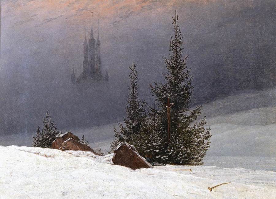 Caspar David Friedrich, „Zimowy pejzaż”, ajpiękniejsze krajobrazy zimowe w malarstwie