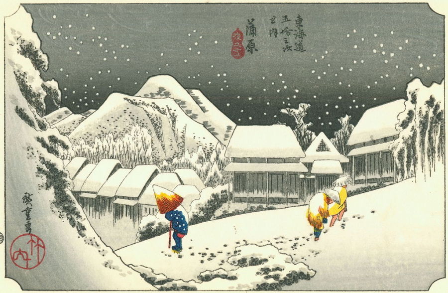 Hiroshige Utagawa „Wieczorny śnieg w Kambara”, najpiękniejsze krajobrazy zimowe w malarstwie