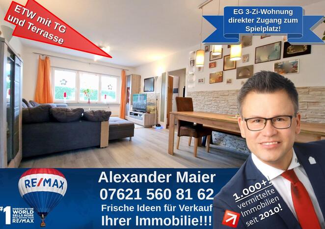 Interessante Chance von Alex Maier: 3-Zi-EG-Wohnung in Wyhlen mit TG, Freisitz und EBK!