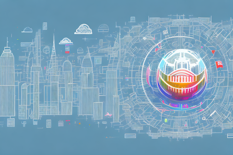 A vibrant digital cityscape with various symbolic internet icons (like cloud
