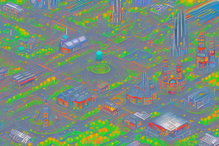A vibrant digital cityscape with various symbolic internet elements like browser windows