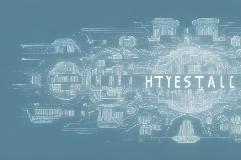A digital cityscape with various symbolic internet icons