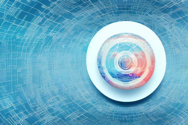 A digital landscape with various symbolic elements like a mouse cursor