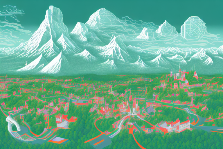A digital landscape featuring various symbolic elements like a computer