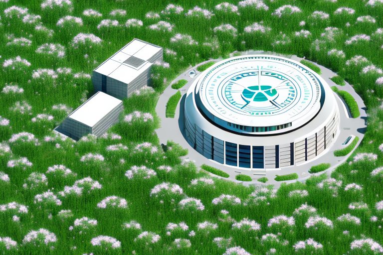 A modern office building with a large satellite dish on the roof