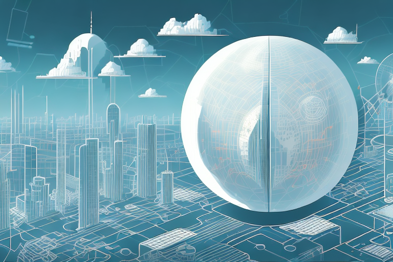 A digital cityscape with various symbolic internet and agency icons such as a mouse cursor