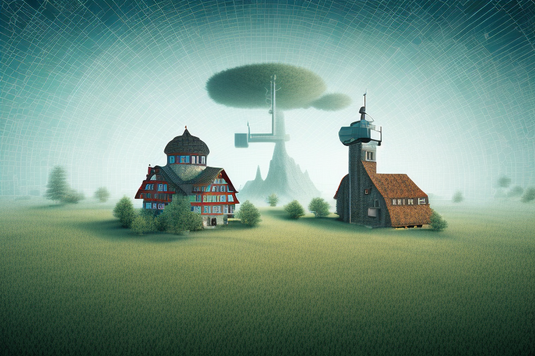 A digital landscape representing the internet with various symbolic buildings signifying different agencies