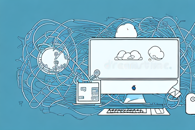 A picturesque struppen landscape with various symbolic elements like a computer