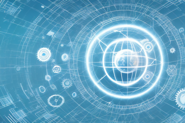 A digital landscape with various symbolic elements representing internet agencies