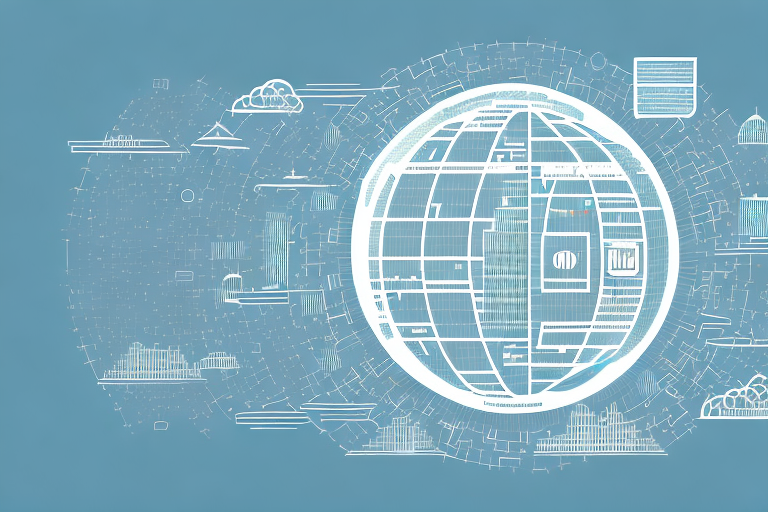 A digital cityscape with various symbolic internet icons (like a globe