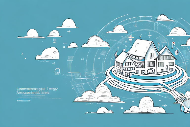 A picturesque senheim village landscape with symbolic elements like a computer mouse and ethernet cable
