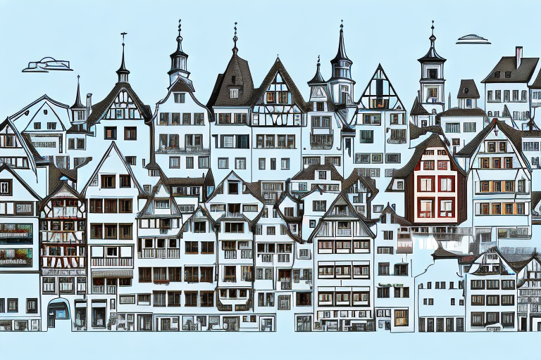 The cityscape of stadtsteinach with various symbols of digital technology like computers
