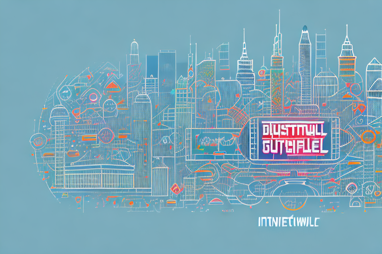 A bustling digital cityscape with various symbolic internet icons