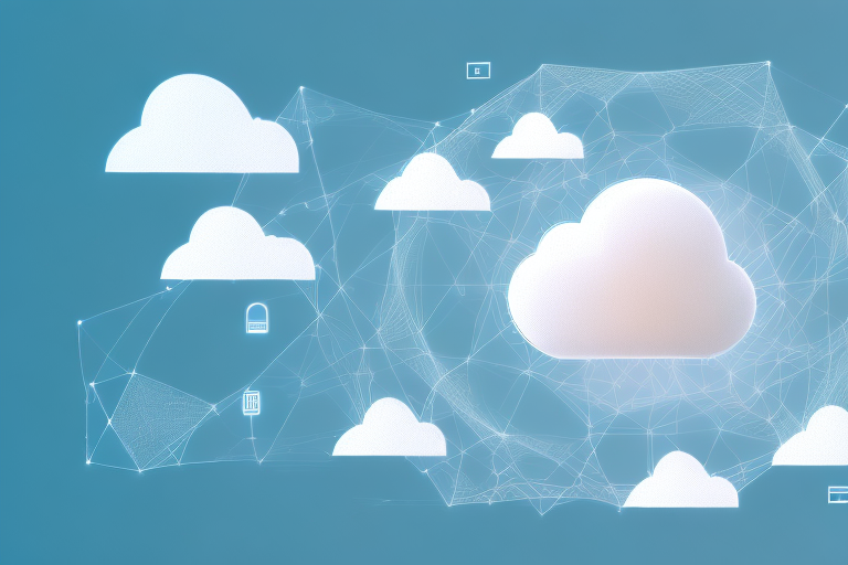 A digital landscape with various symbolic elements representing different aspects of an internet agency
