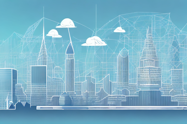 A digital cityscape with various symbolic buildings representing different internet agencies