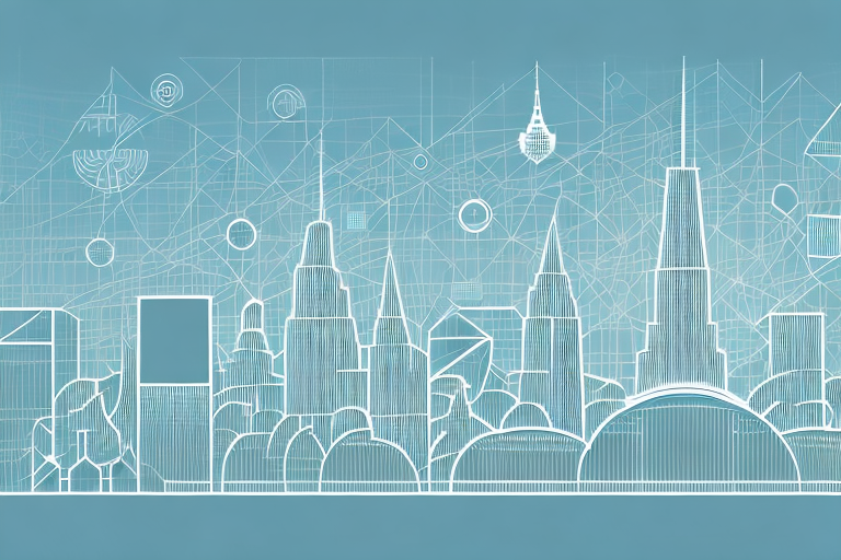 A digital cityscape with various symbolic buildings representing different internet agencies