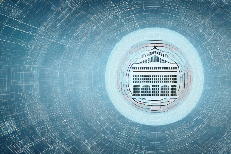 A digital landscape with various symbolic elements representing internet agencies
