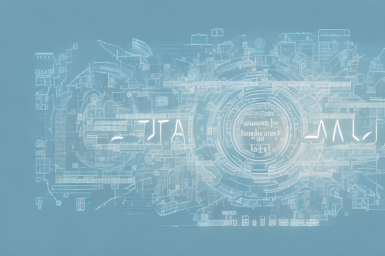 A digital cityscape with various symbolic elements like a mouse cursor