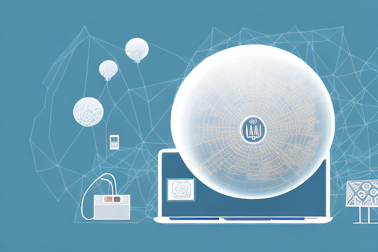 A digital landscape representing the town of silz with various symbolic elements like a laptop