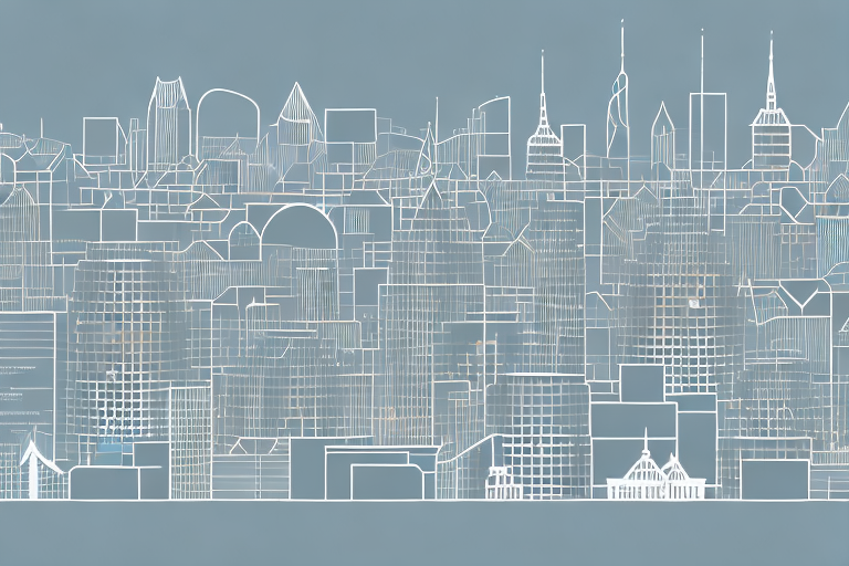 A digital cityscape with various buildings symbolizing different internet agencies