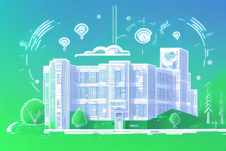 A quaint office building with digital signals emanating from it