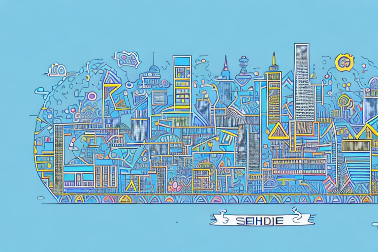 A vibrant cityscape of sehnde with various symbolic elements like a computer