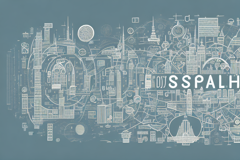 A digital cityscape with various symbolic icons representing internet agencies
