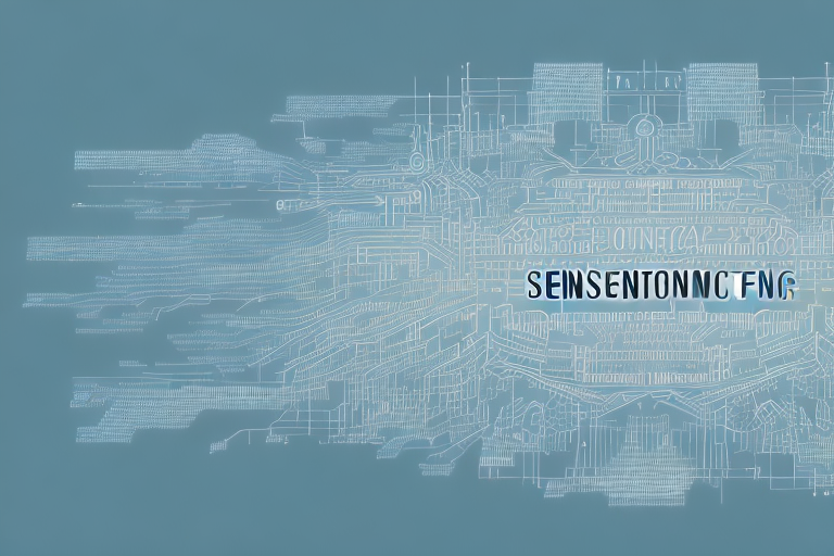 A digital landscape representing the town of senftenberg with symbolic elements of internet agencies such as computer screens
