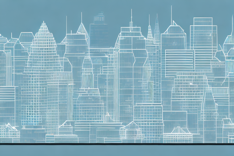 A digital cityscape with various buildings symbolizing different internet agencies