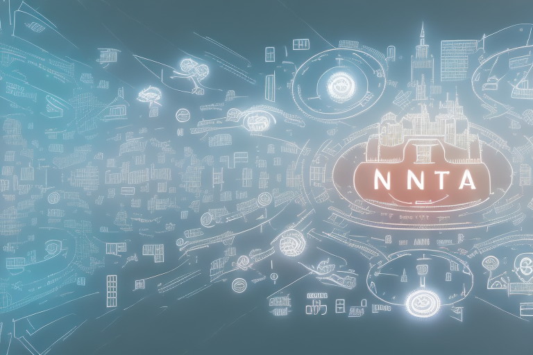 A digital cityscape with various symbolic internet icons