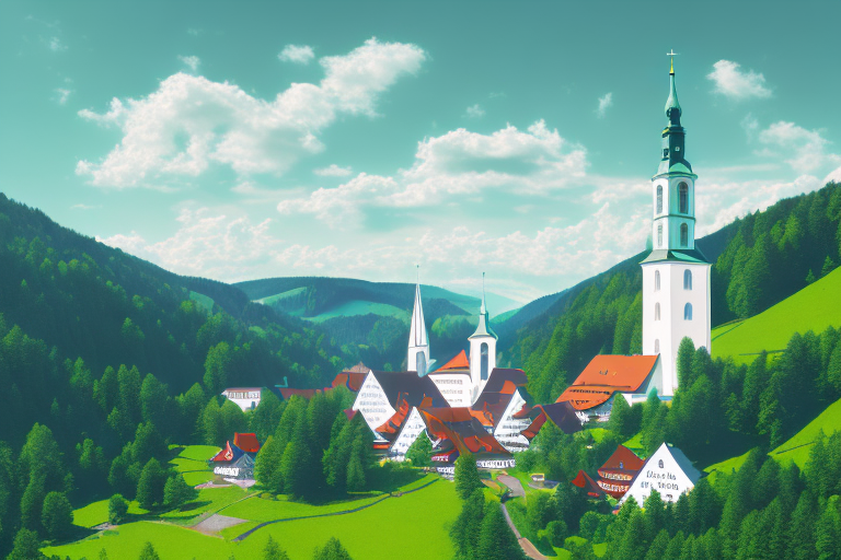 A picturesque scene of st. georgen in the schwarzwald with digital elements like website icons and coding symbols subtly integrated into the landscape