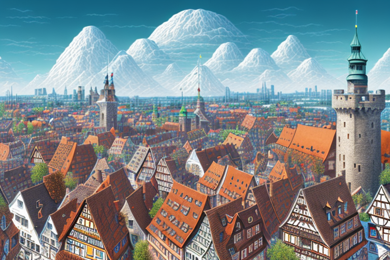 A digital cityscape with symbolic elements of internet technology and marketing
