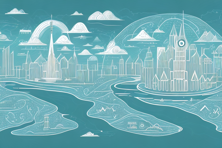 A digital landscape with various symbolic buildings representing different internet agencies